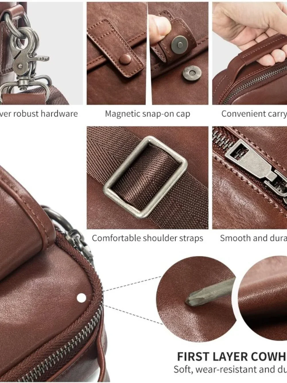 Men's Dark Brown Leather Shoulder Sling Travel Crossbody Magnetic Buckle Bag
